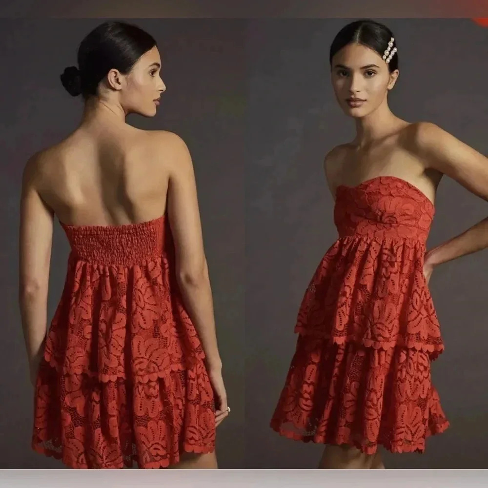 Anthropologie x Maeve Strapless Mini Lace Tiered Dress Red Small Petite‎ NWT - Picture 3 of 4